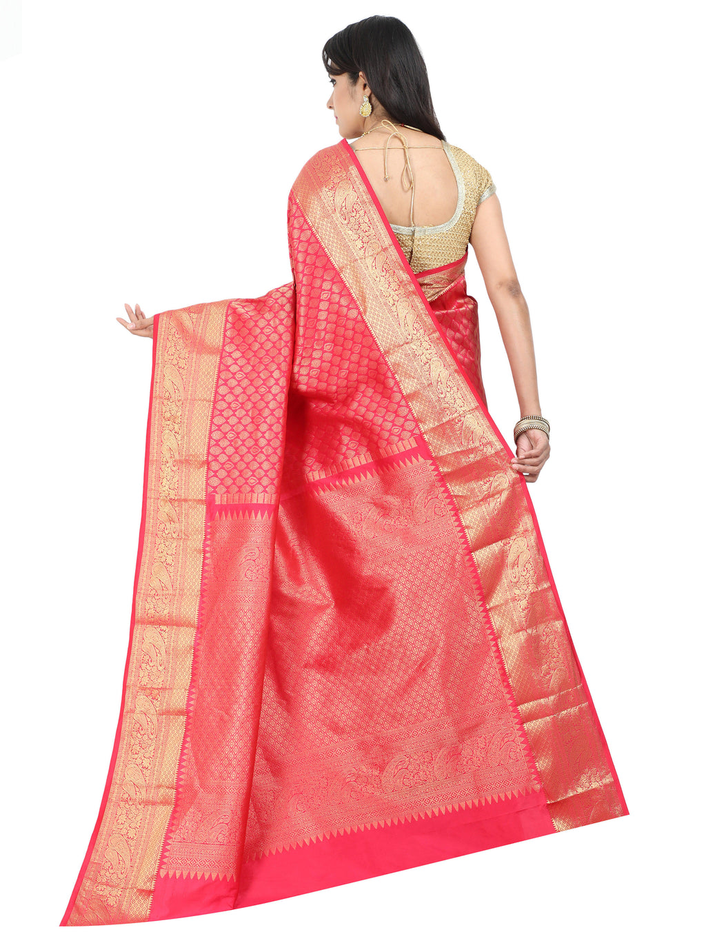 Pink Kanchipuram style silk blend saree with golden zari work