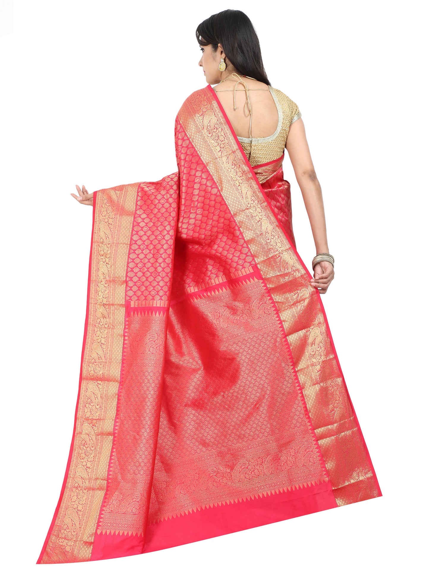 Pink Kanchipuram style silk blend saree with golden zari work