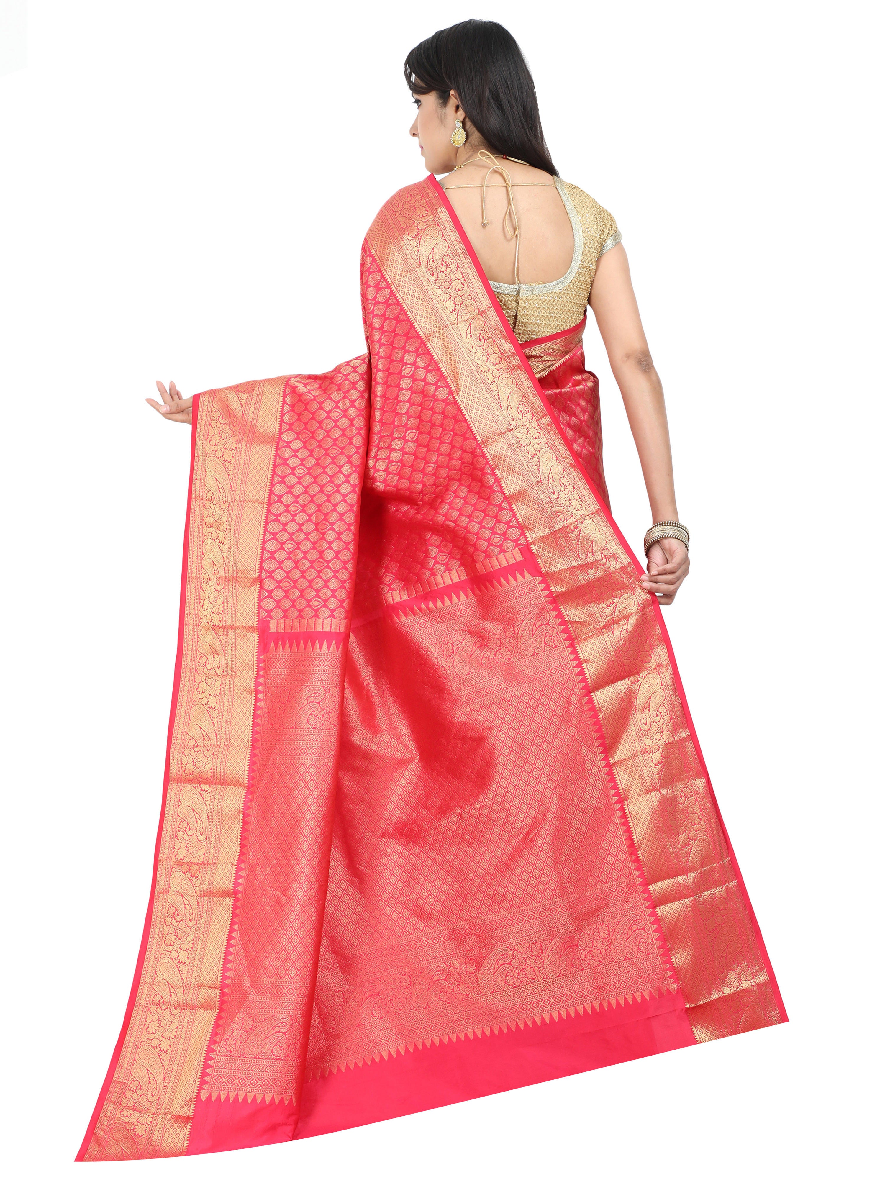 Pink Kanchipuram style silk blend saree with golden zari work