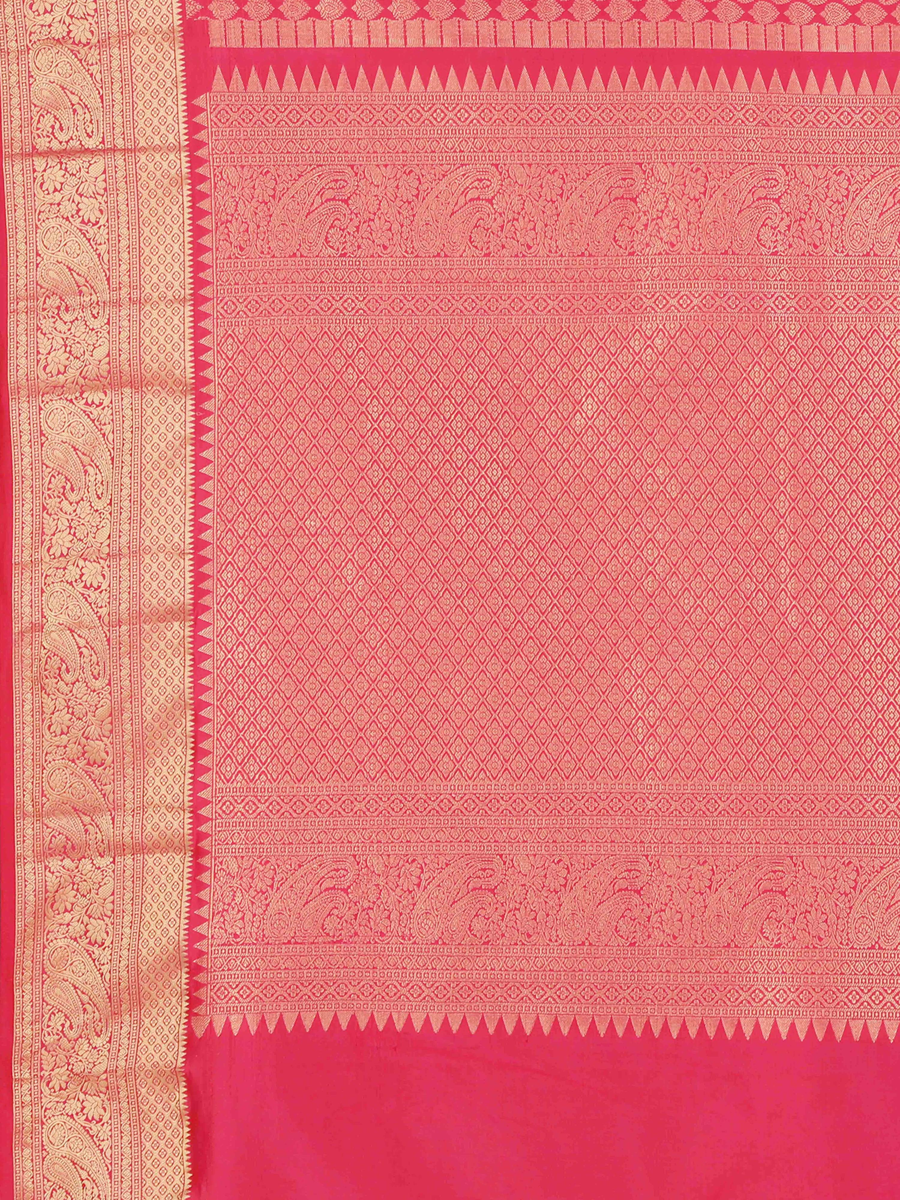 Pink Kanchipuram style silk blend saree with golden zari work