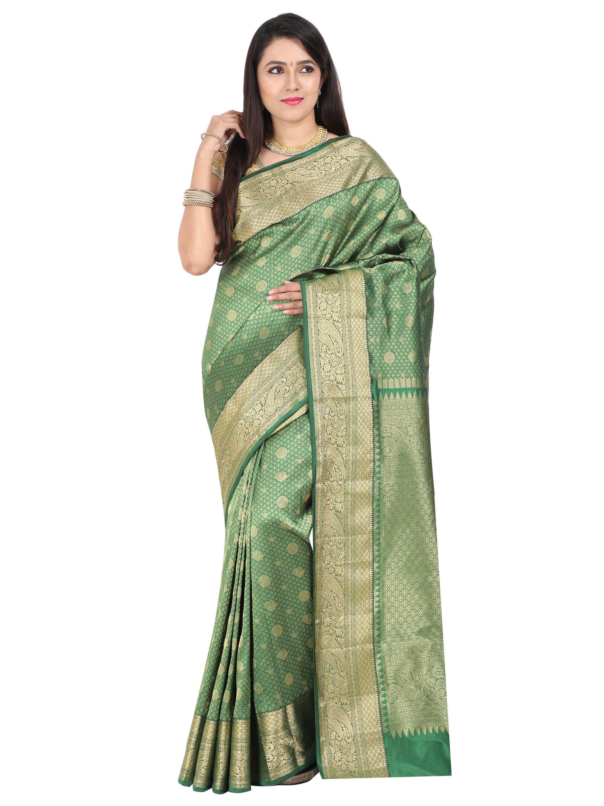 Green Kanchipuram style silk blend saree with golden zari weaving
