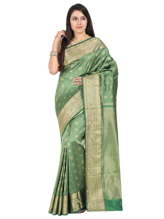 Green Kanchipuram style silk blend saree with golden zari weaving