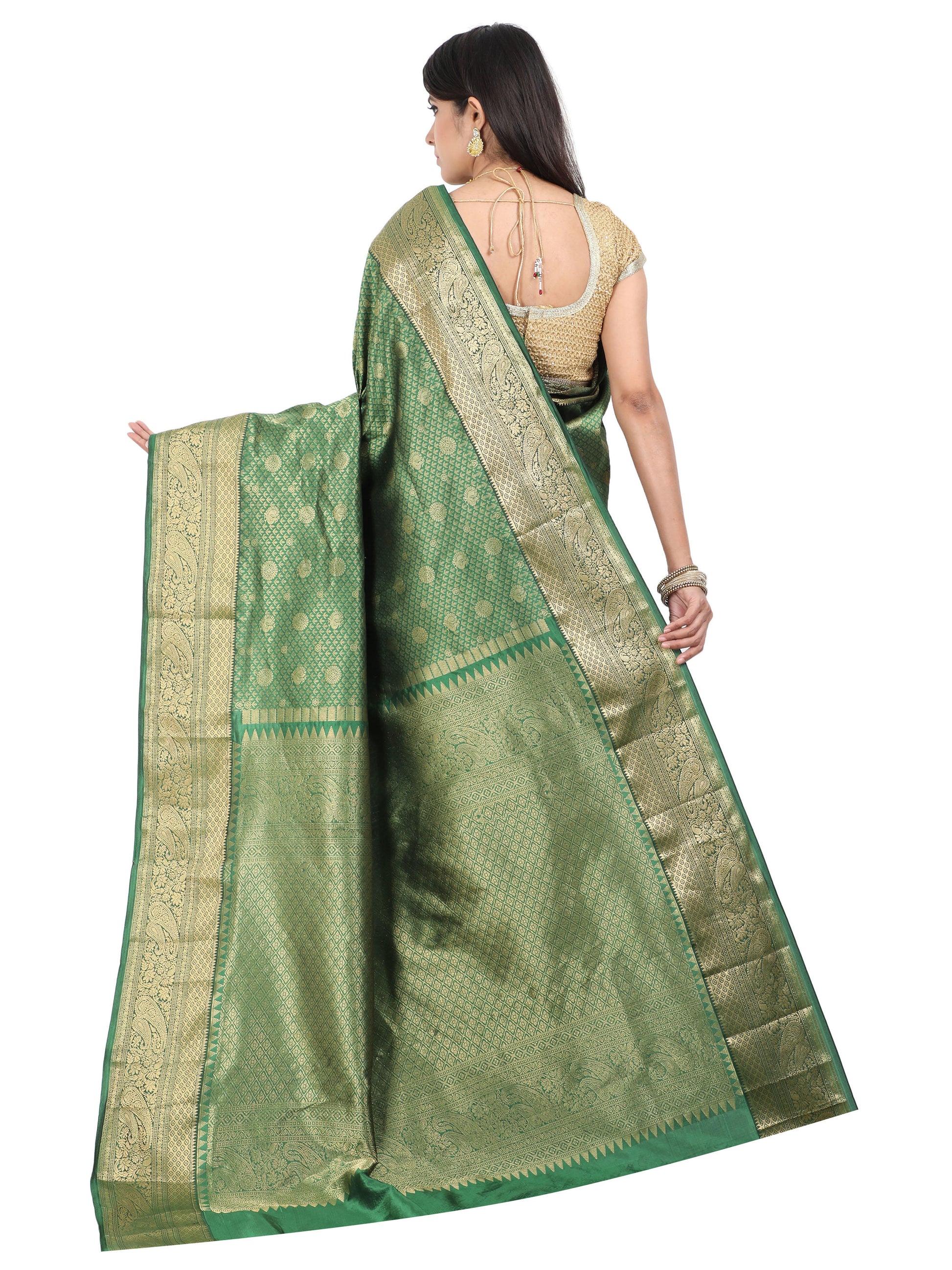 Green Kanchipuram style silk blend saree with golden zari weaving
