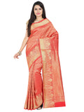 Coral red Kanchipuram pure silk saree with heavy golden zari weaving