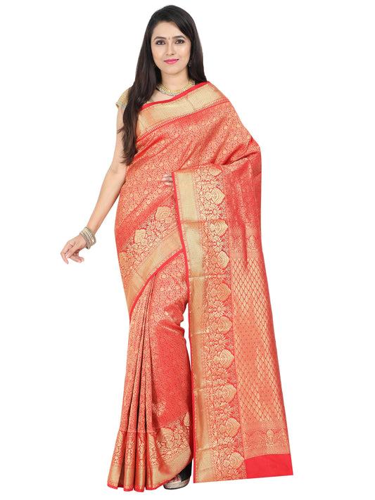 Coral red Kanchipuram pure silk saree with heavy golden zari weaving