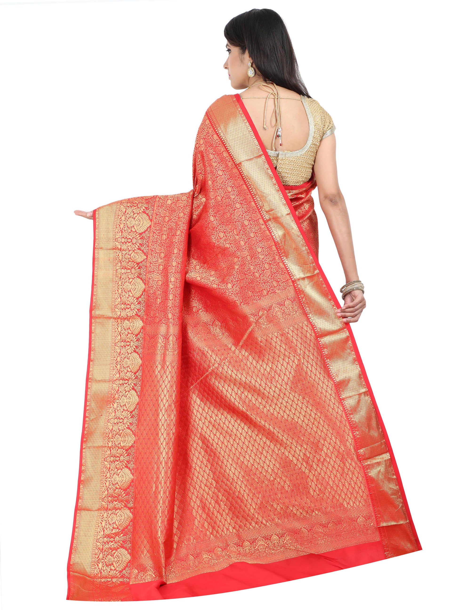 Coral red Kanchipuram pure silk saree with heavy golden zari weaving