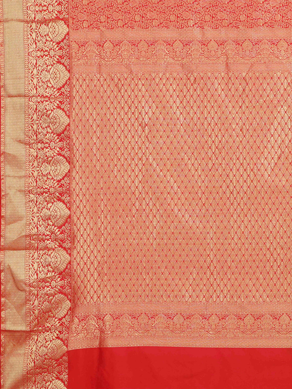 Coral red Kanchipuram pure silk saree with heavy golden zari weaving