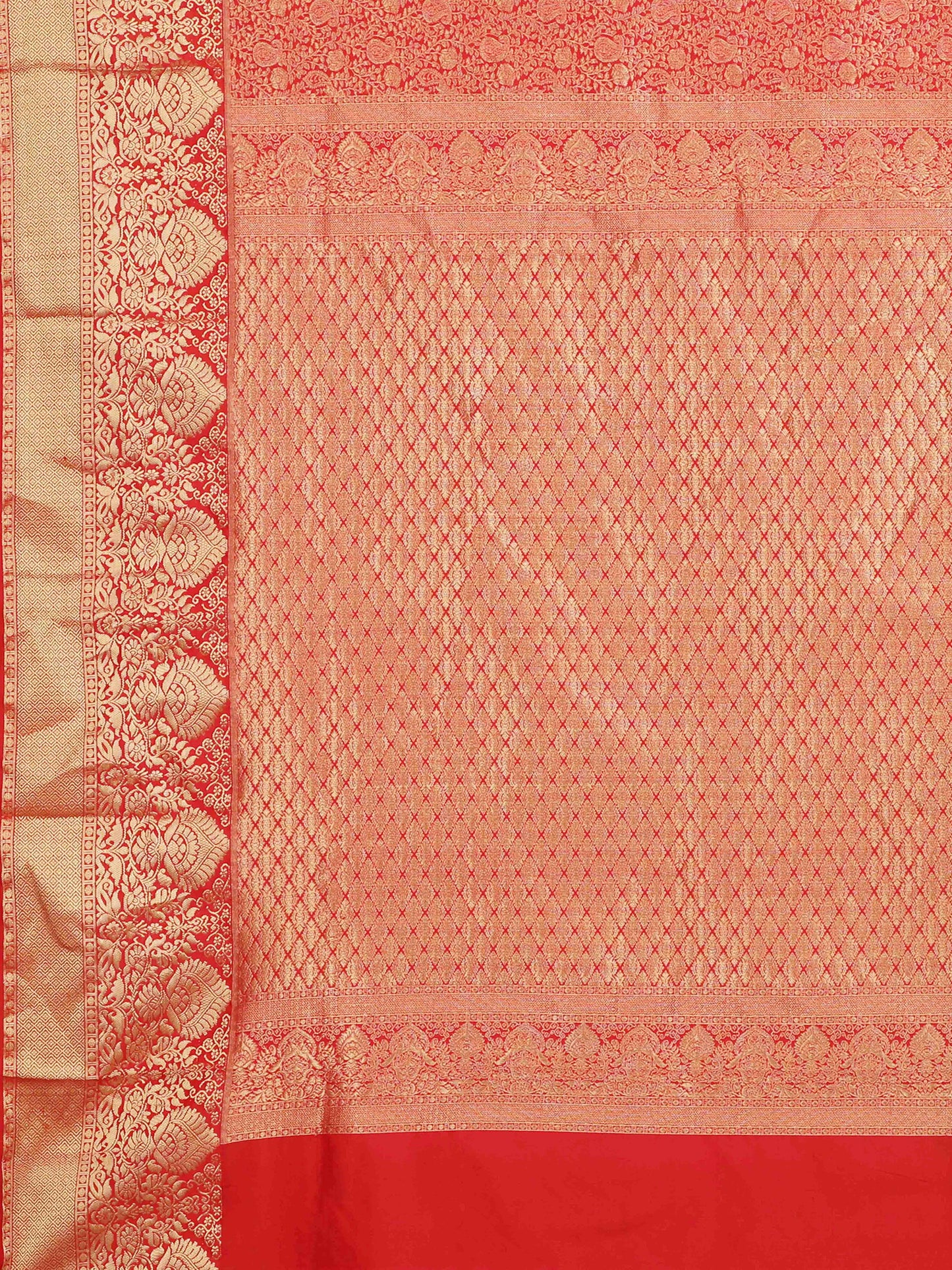 Coral red Kanchipuram pure silk saree with heavy golden zari weaving
