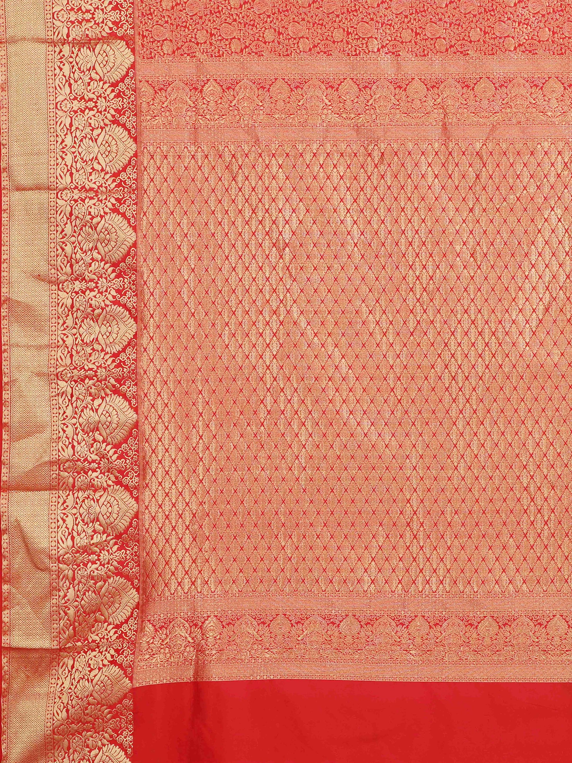 Coral red Kanchipuram pure silk saree with heavy golden zari weaving