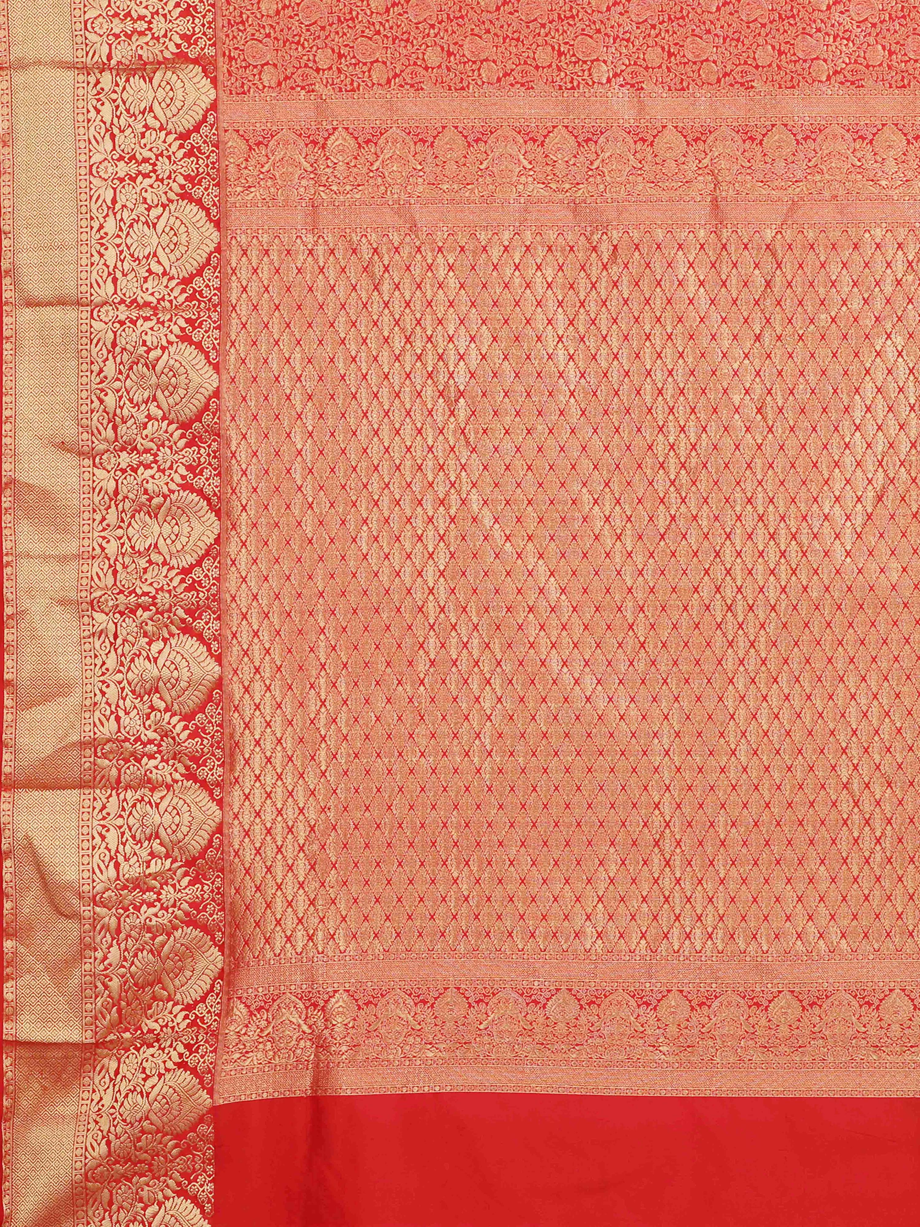 Coral red Kanchipuram pure silk saree with heavy golden zari weaving