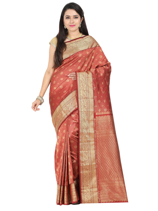 Maroon Kanchipuram style silk blend saree with golden zari border and pallu