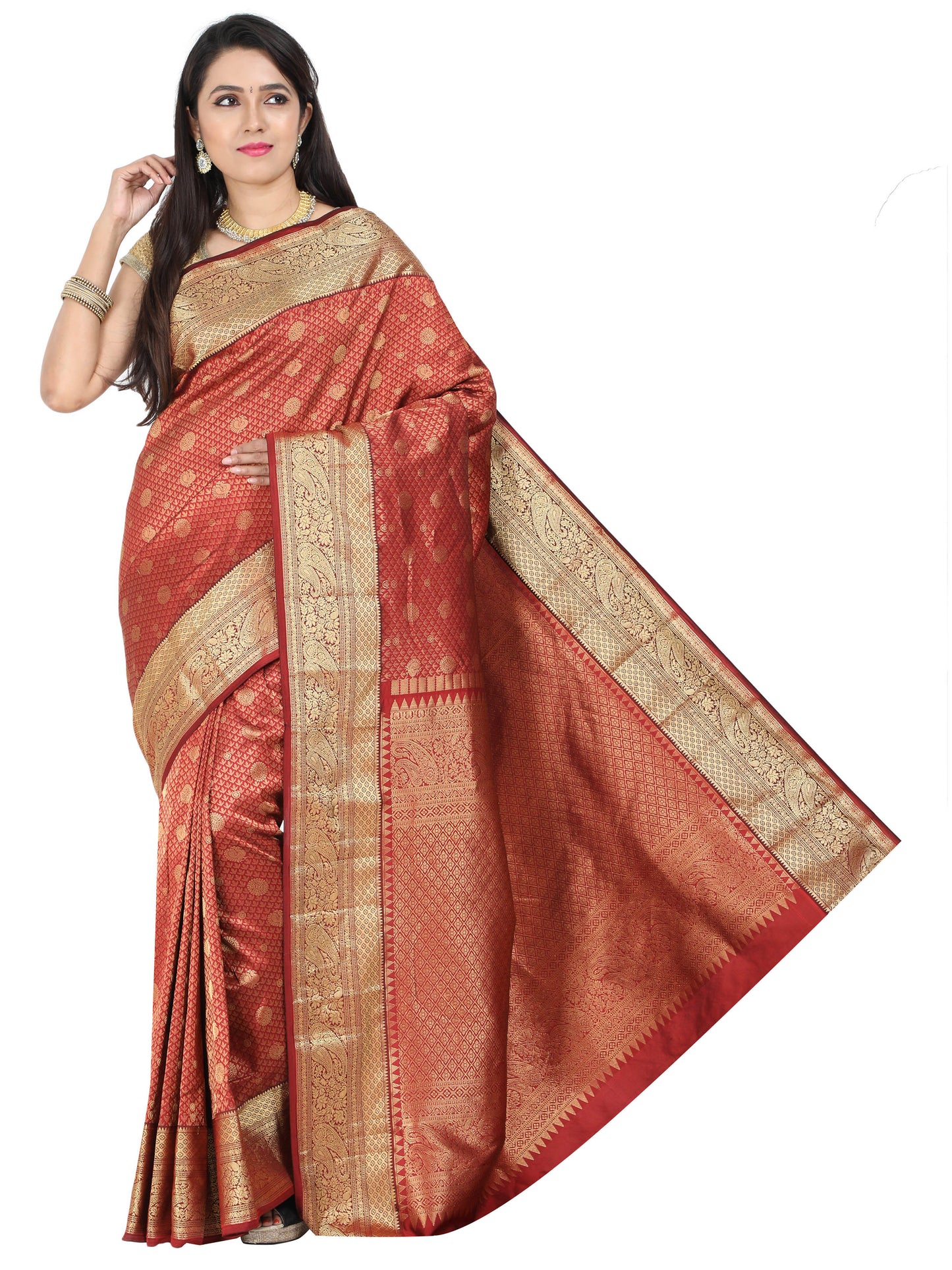 Maroon Kanchipuram style silk blend saree with golden zari border and pallu