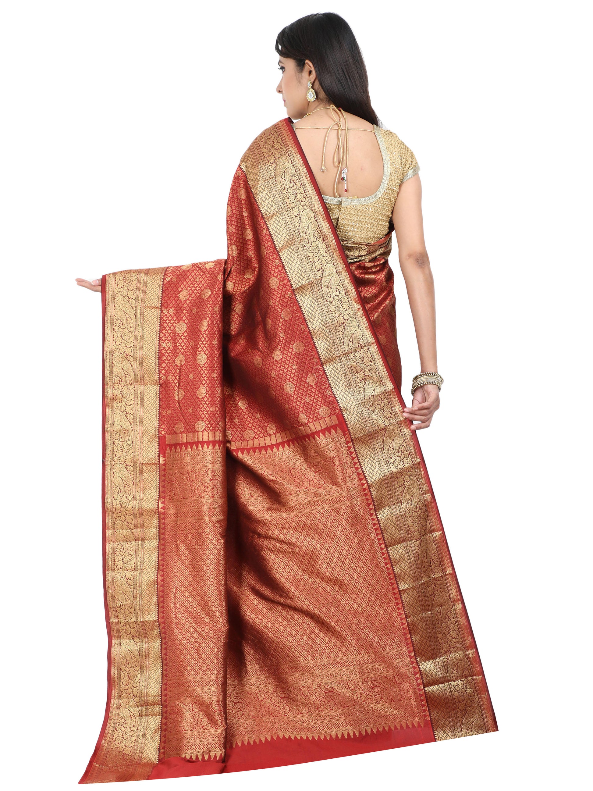 Maroon Kanchipuram style silk blend saree with golden zari border and pallu