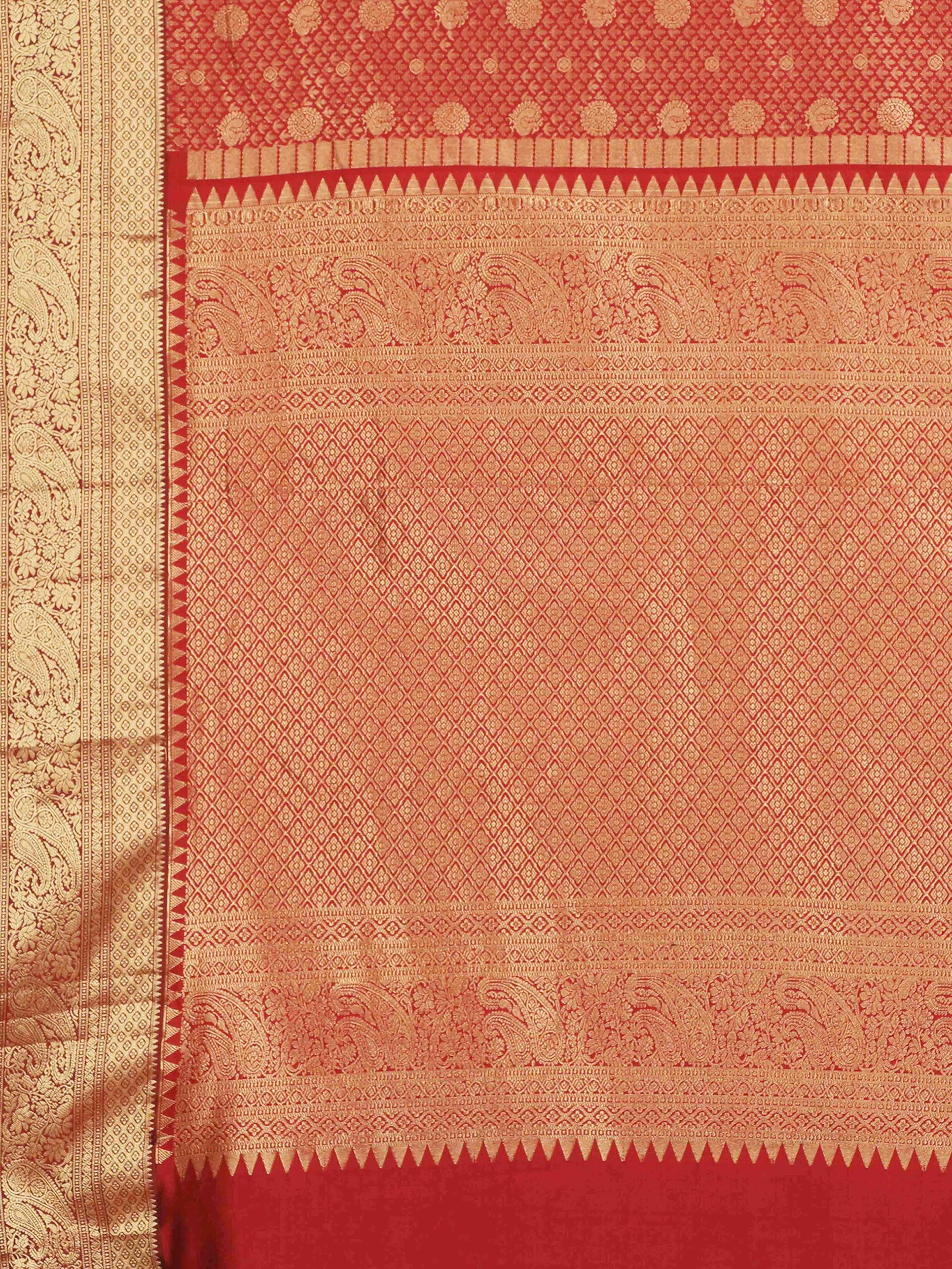 Maroon Kanchipuram style silk blend saree with golden zari border and pallu