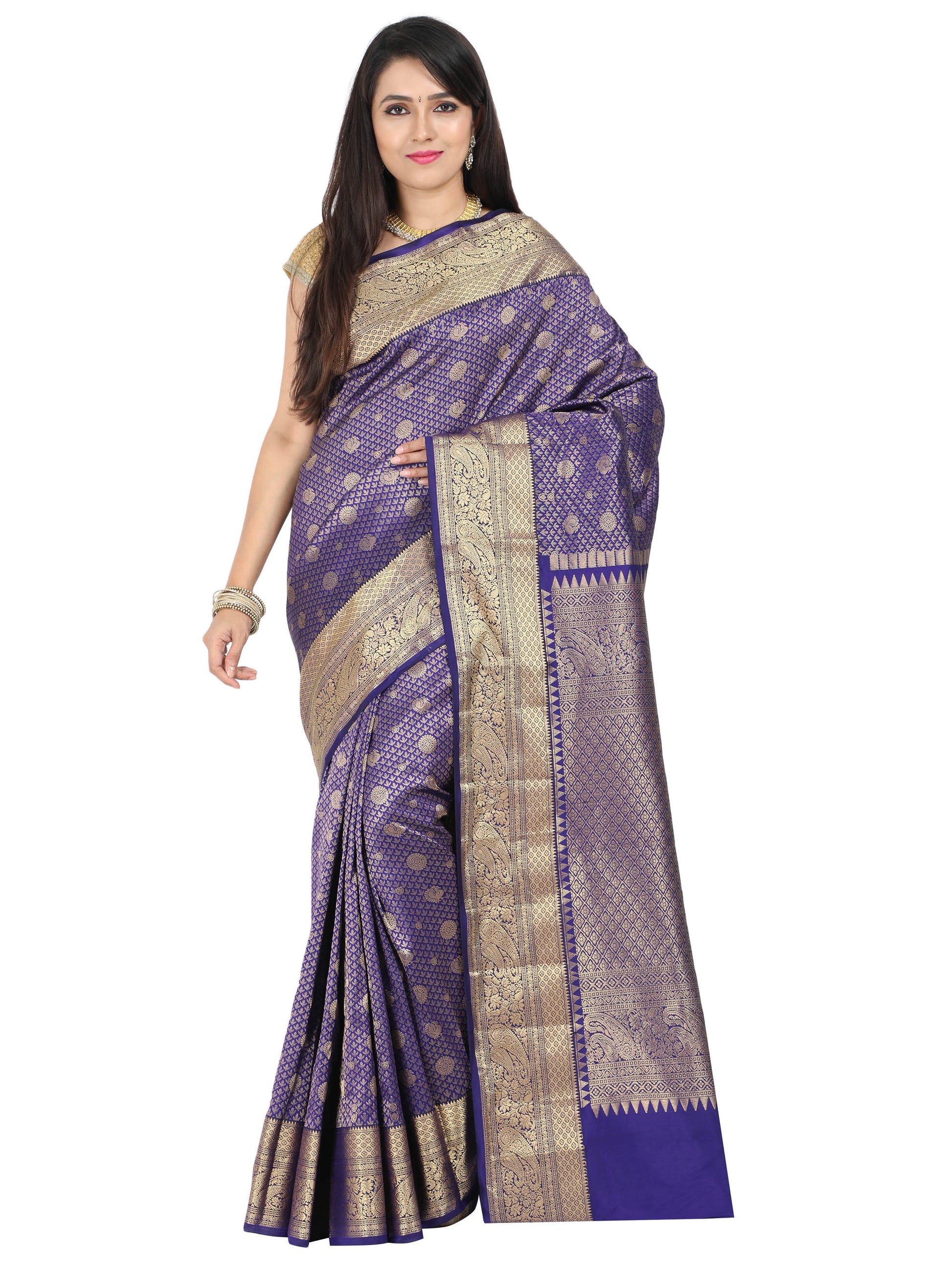 Purple Kanchipuram style silk blend saree with heavy golden zari