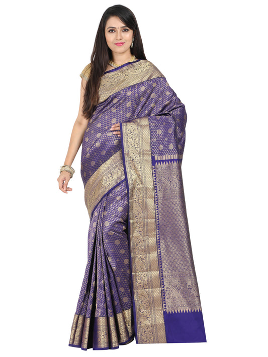 Purple Kanchipuram style silk blend saree with heavy golden zari