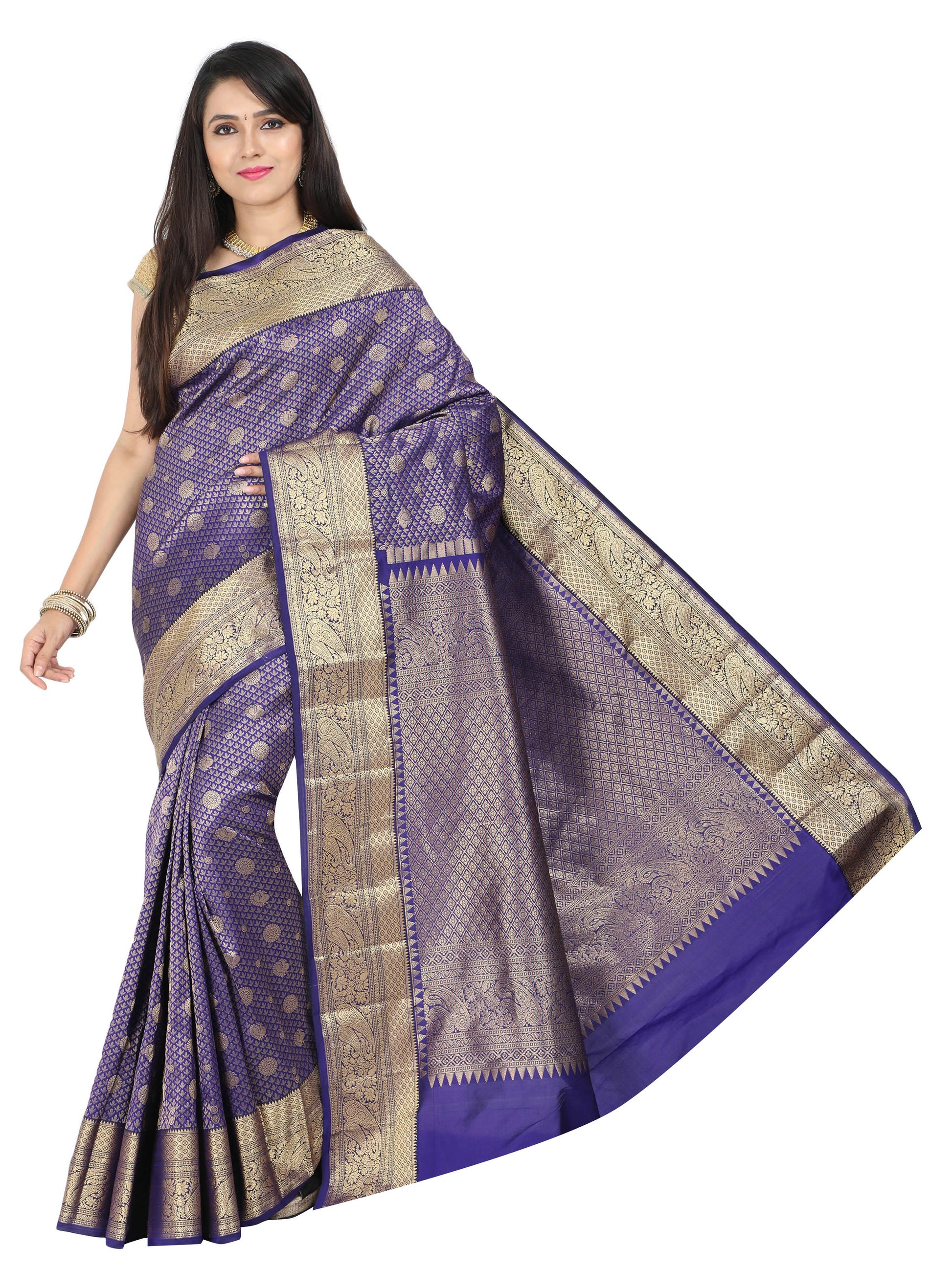 Purple Kanchipuram style silk blend saree with heavy golden zari