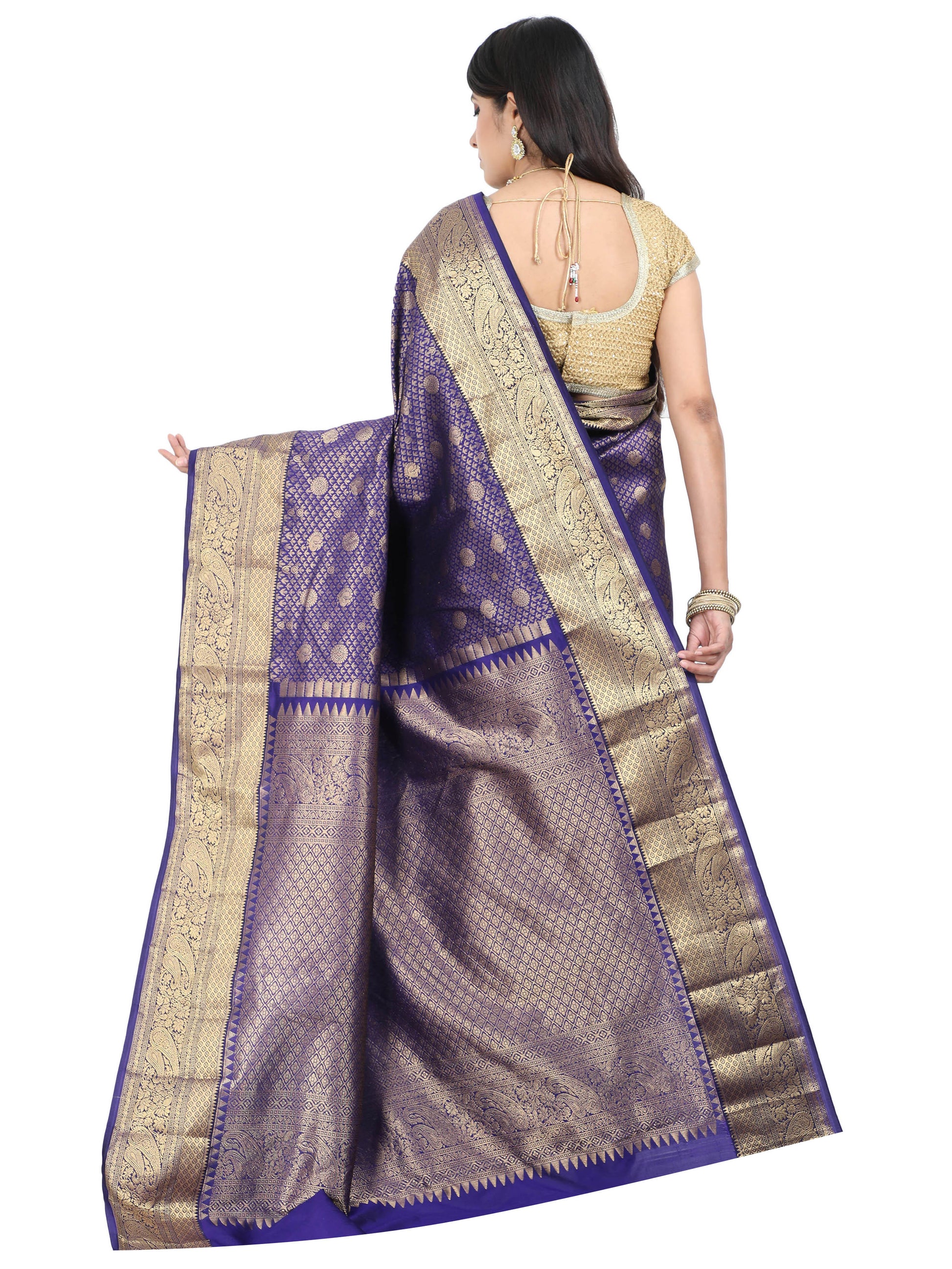 Purple Kanchipuram style silk blend saree with heavy golden zari