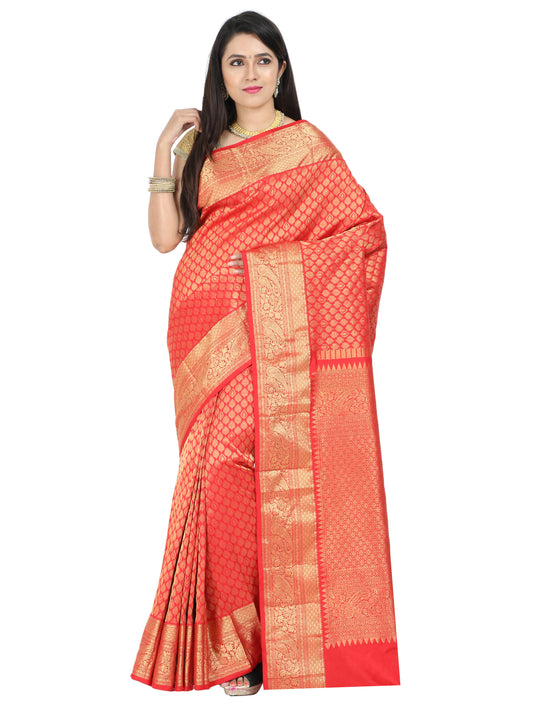 Red Kanchipuram style silk blend saree with golden zari border