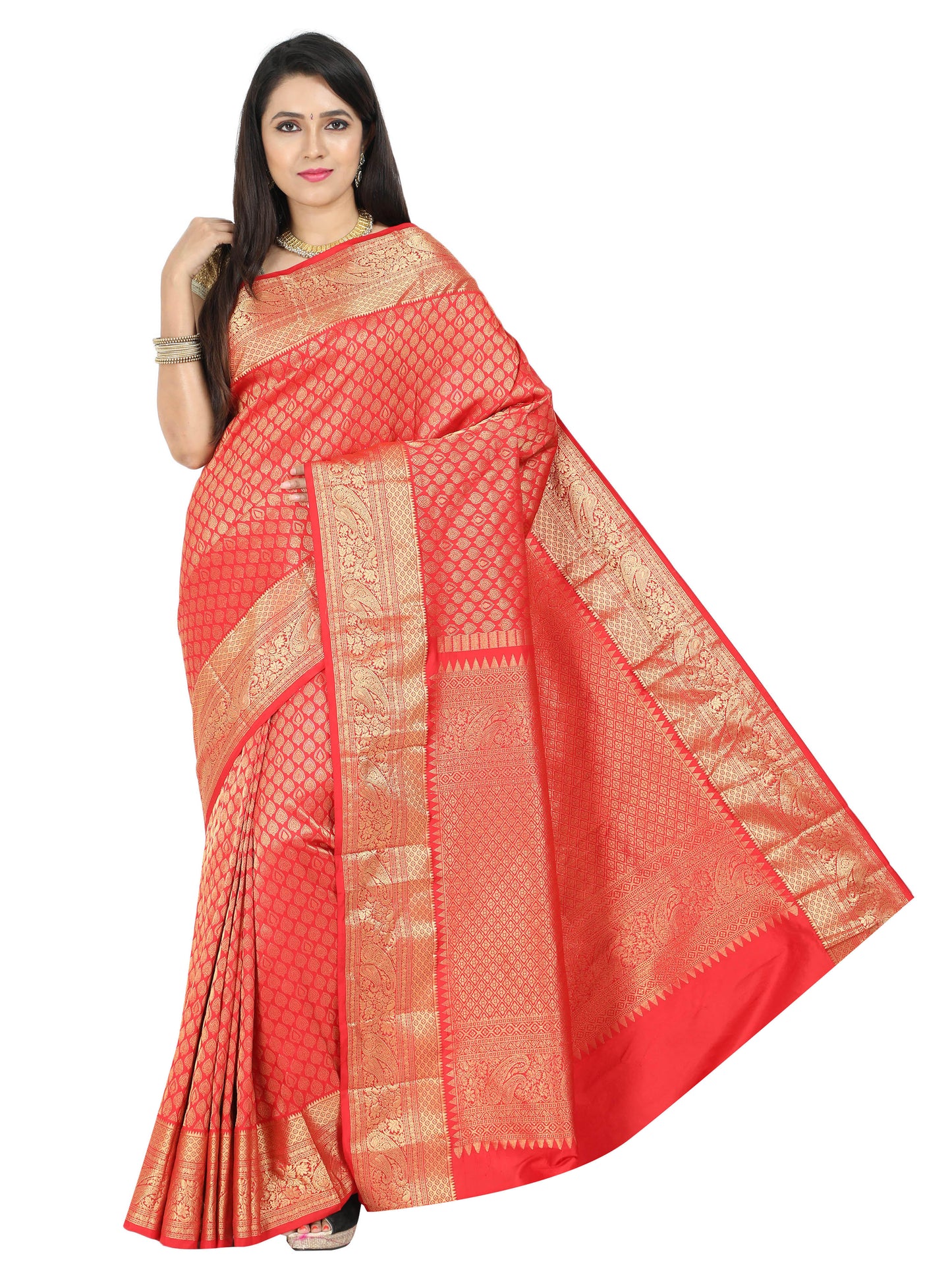 Red Kanchipuram style silk blend saree with golden zari border