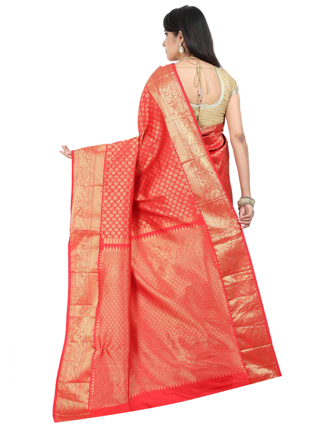 Red Kanchipuram style silk blend saree with golden zari border
