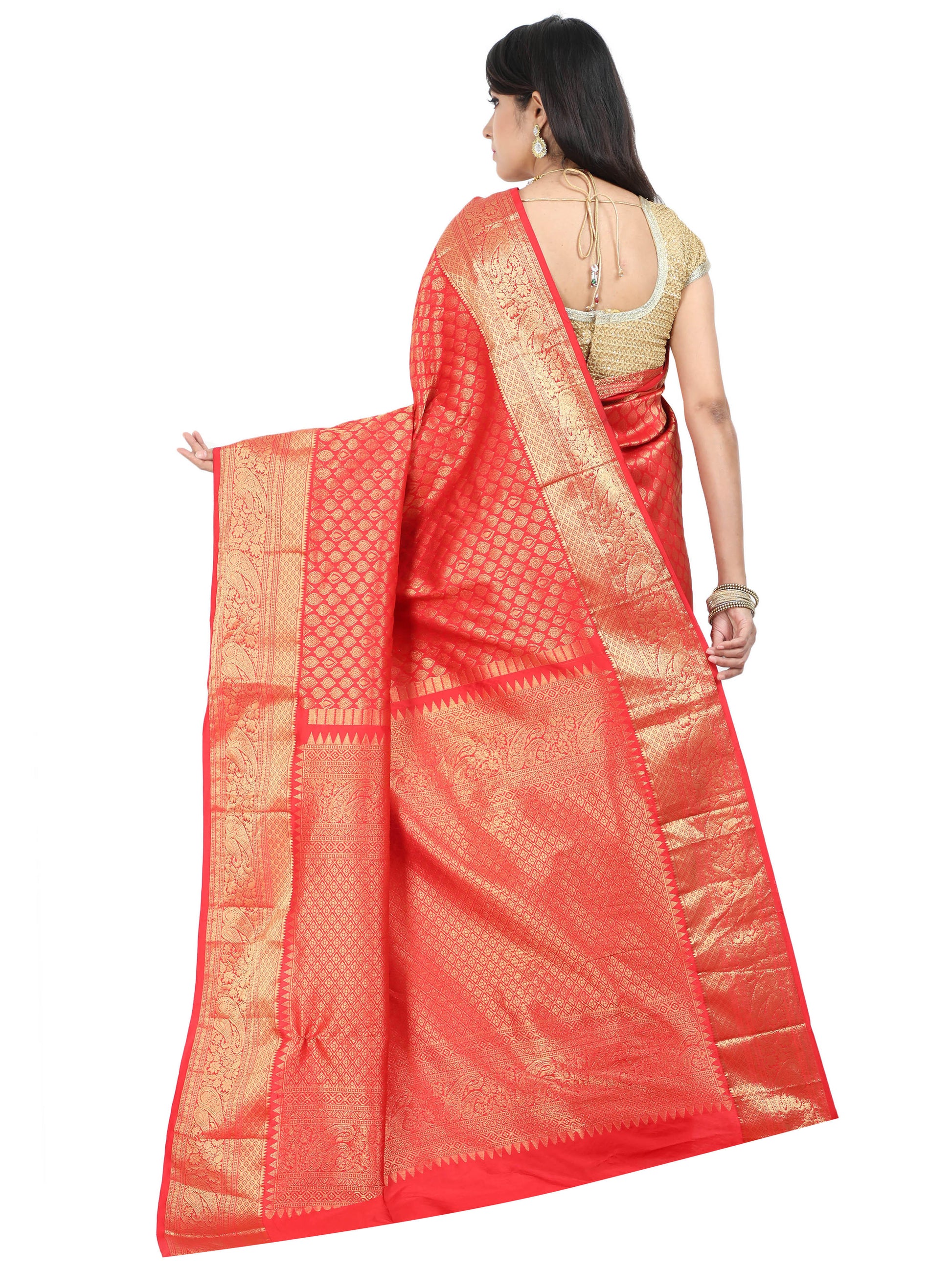 Red Kanchipuram style silk blend saree with golden zari border
