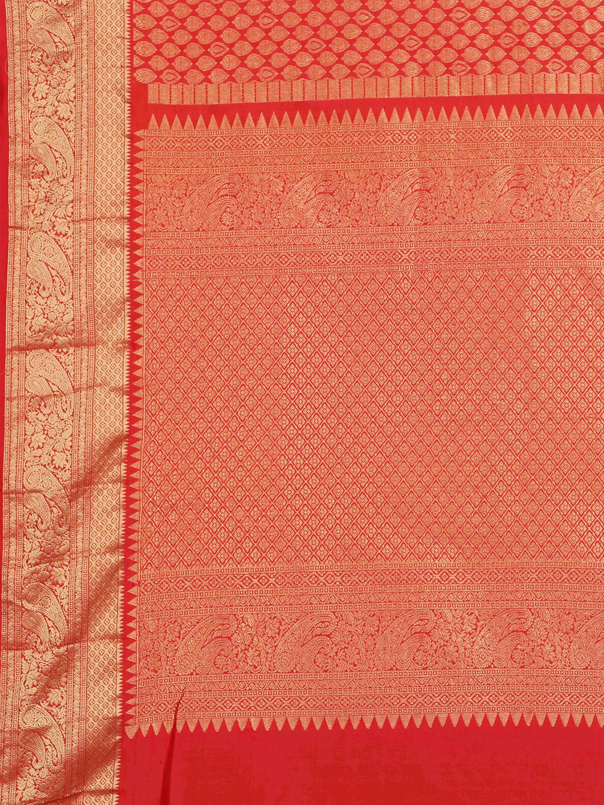 Red Kanchipuram style silk blend saree with golden zari border