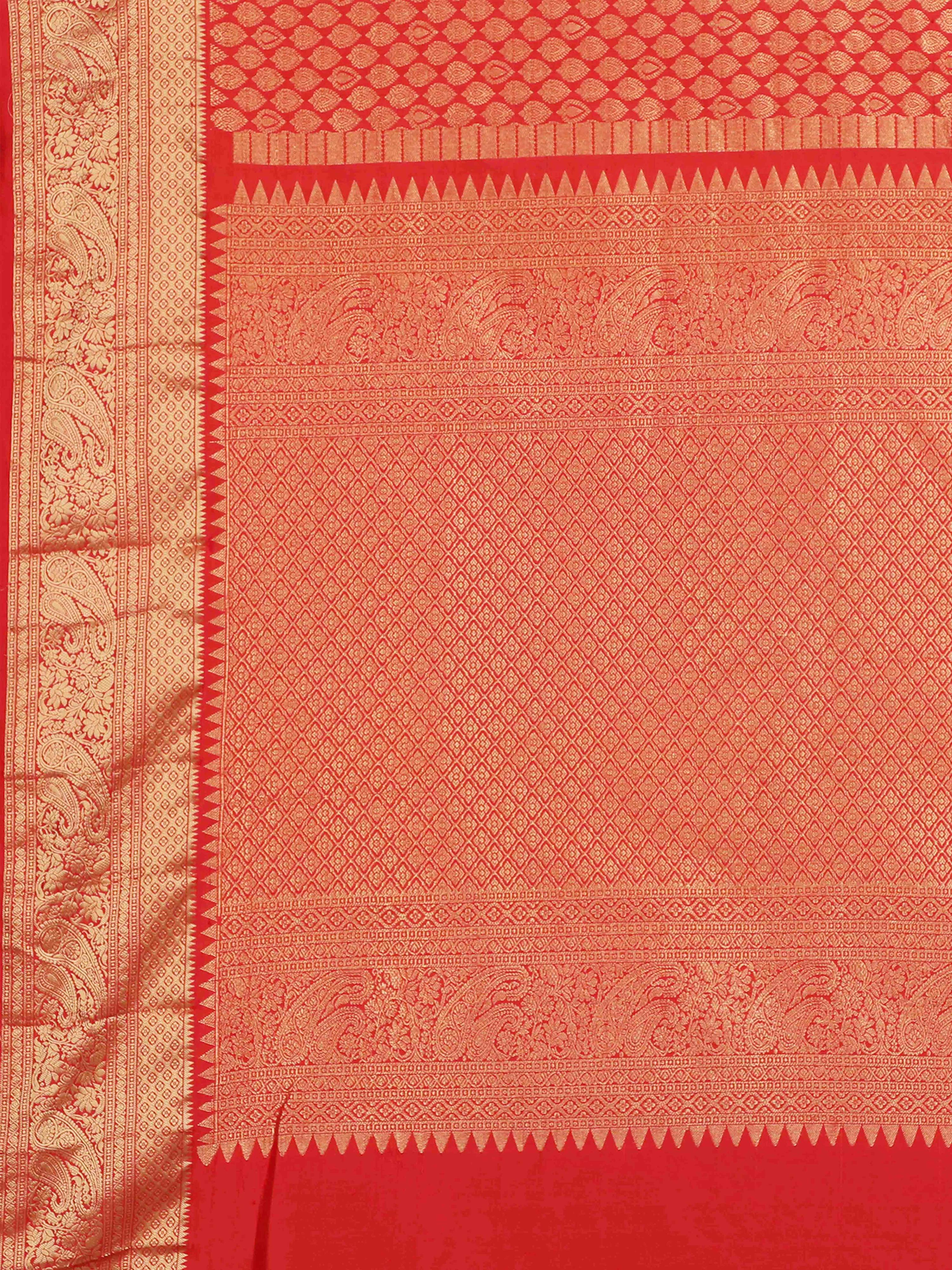 Red Kanchipuram style silk blend saree with golden zari border