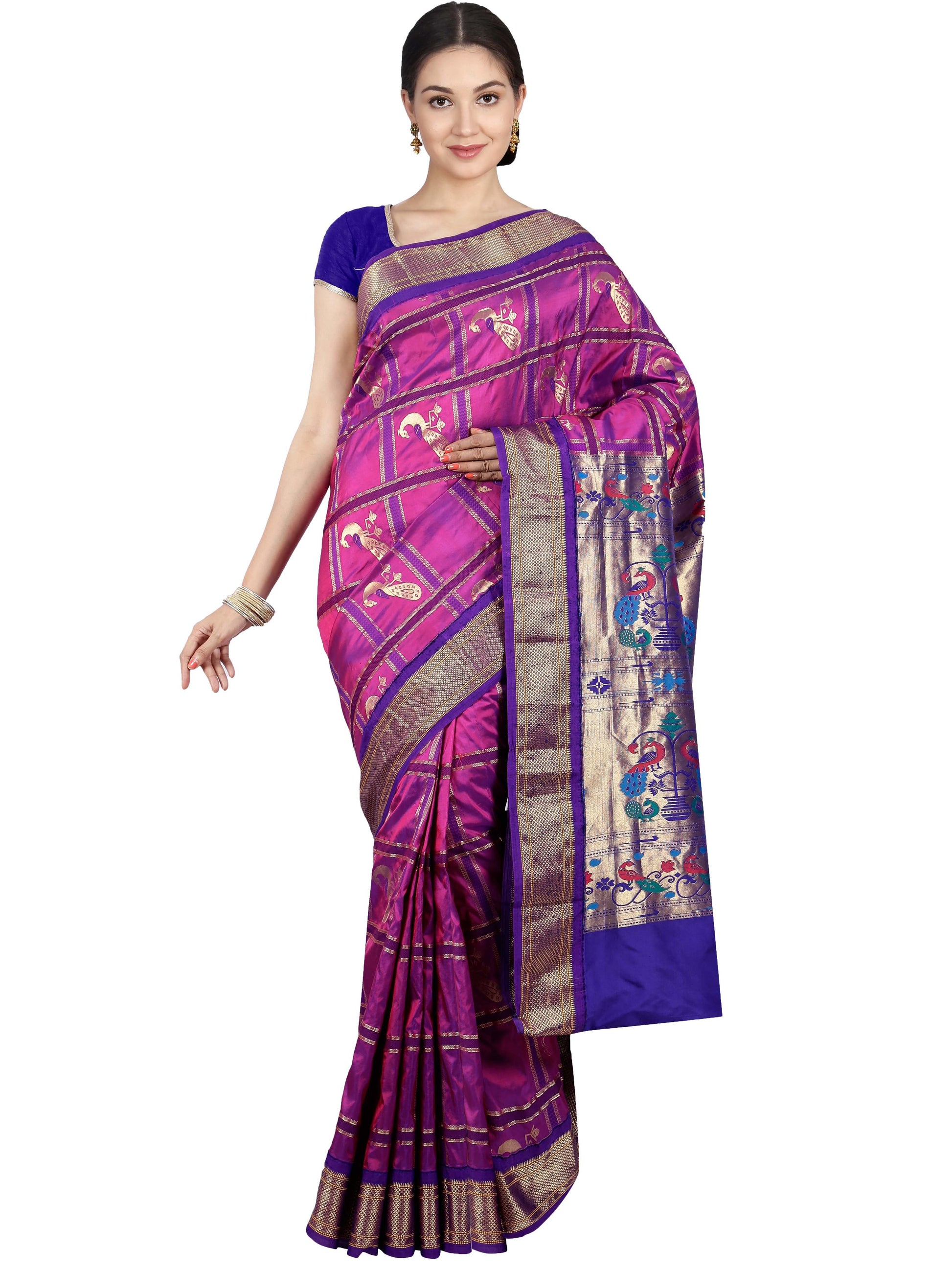 Purple Paithani pure silk saree with golden zari and peacock pallu