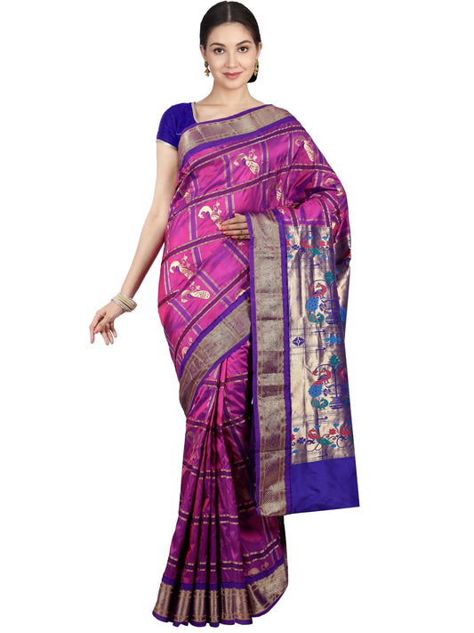 Purple Paithani pure silk saree with golden zari and peacock pallu
