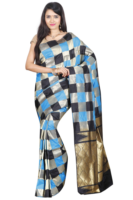 Black and blue Kanchipuram pure silk saree with golden zari checks from Akshaya Lakshmi Silks