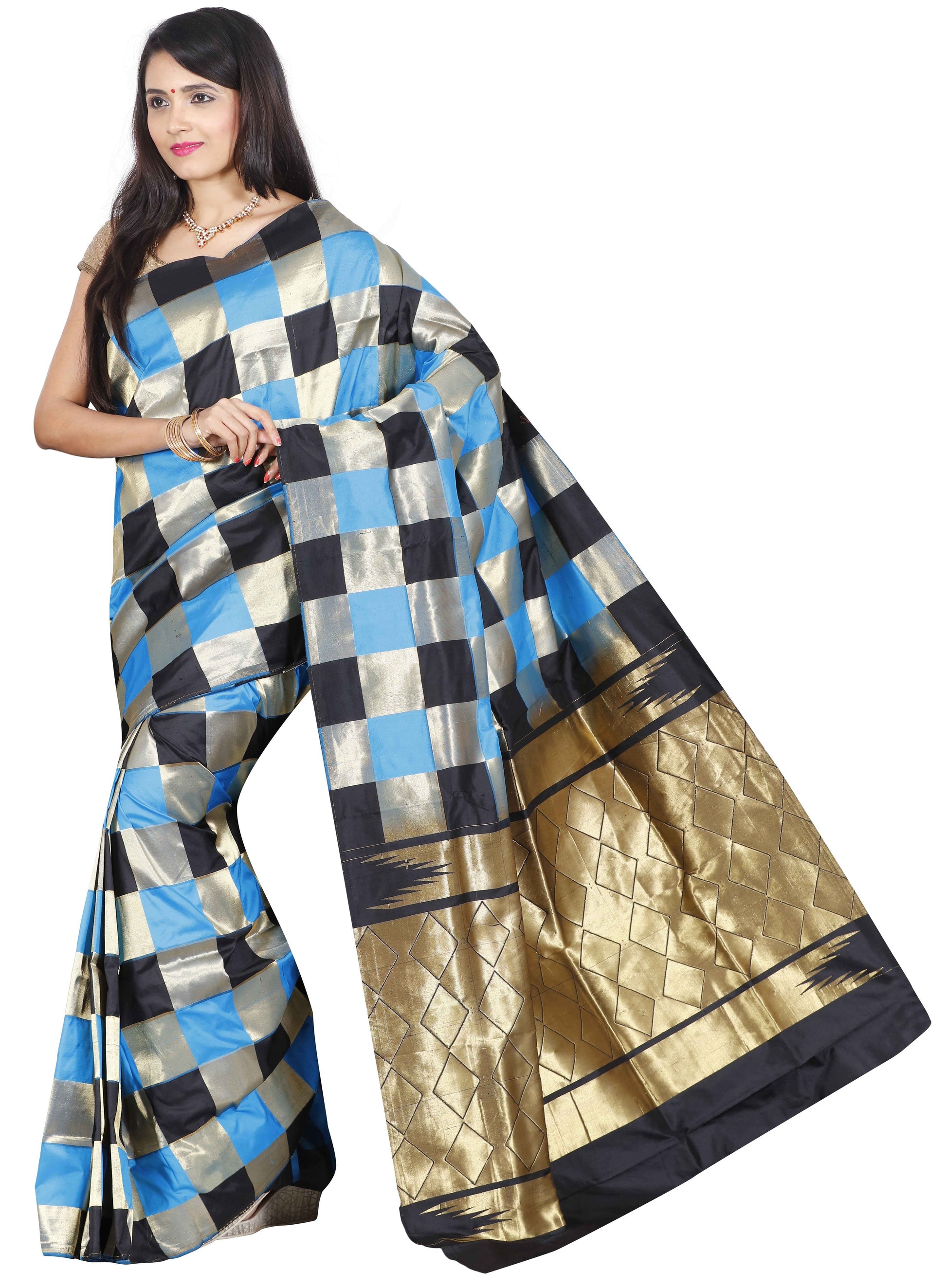 Black and blue Kanchipuram pure silk saree with golden zari checks from Akshaya Lakshmi Silks