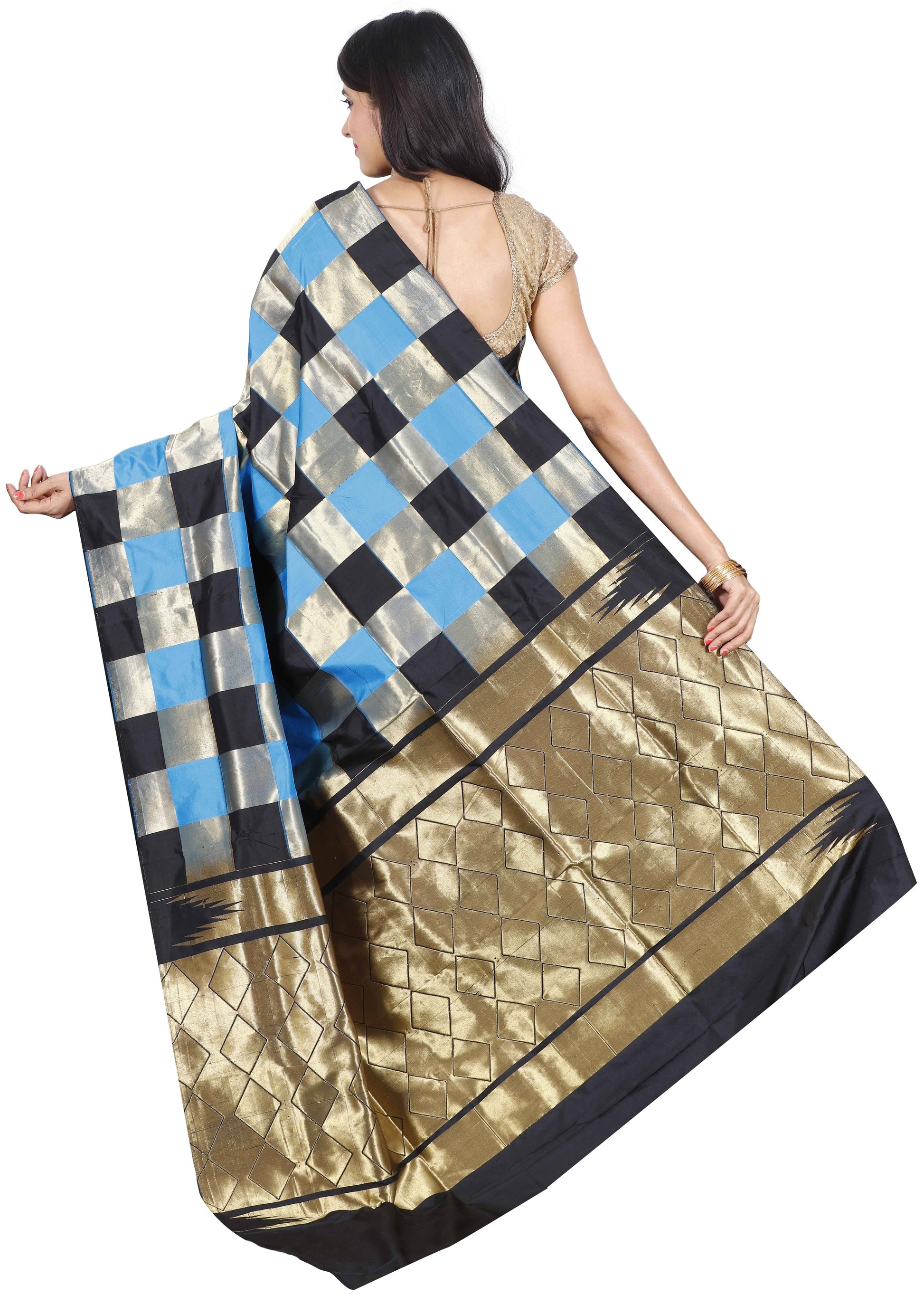 Black and blue Kanchipuram pure silk saree with golden zari checks from Akshaya Lakshmi Silks