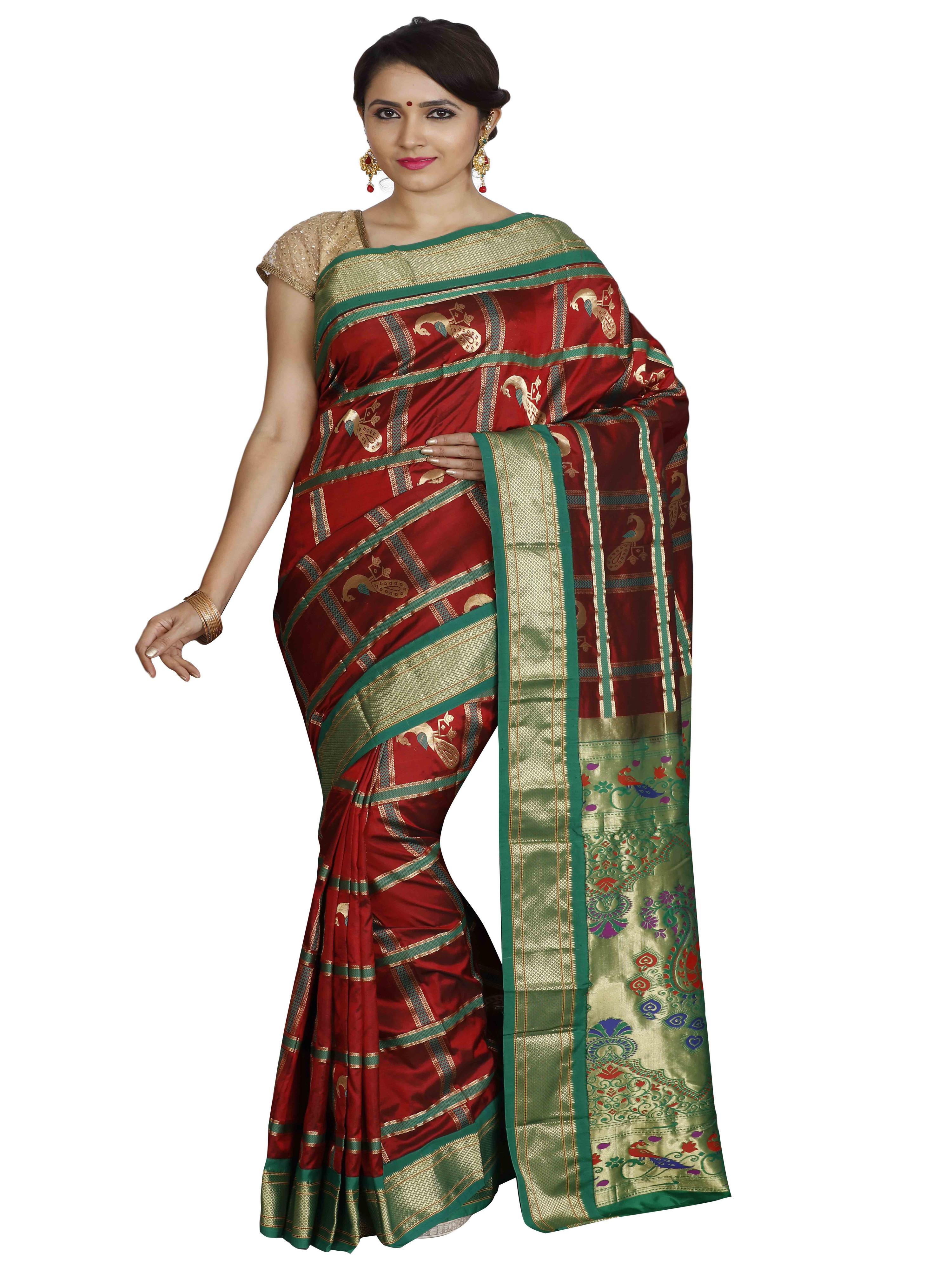 Red and green Paithani pure silk saree with golden zari and motifs