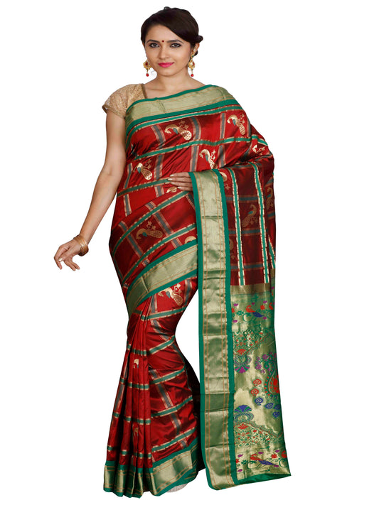 Red and green Paithani pure silk saree with golden zari and motifs
