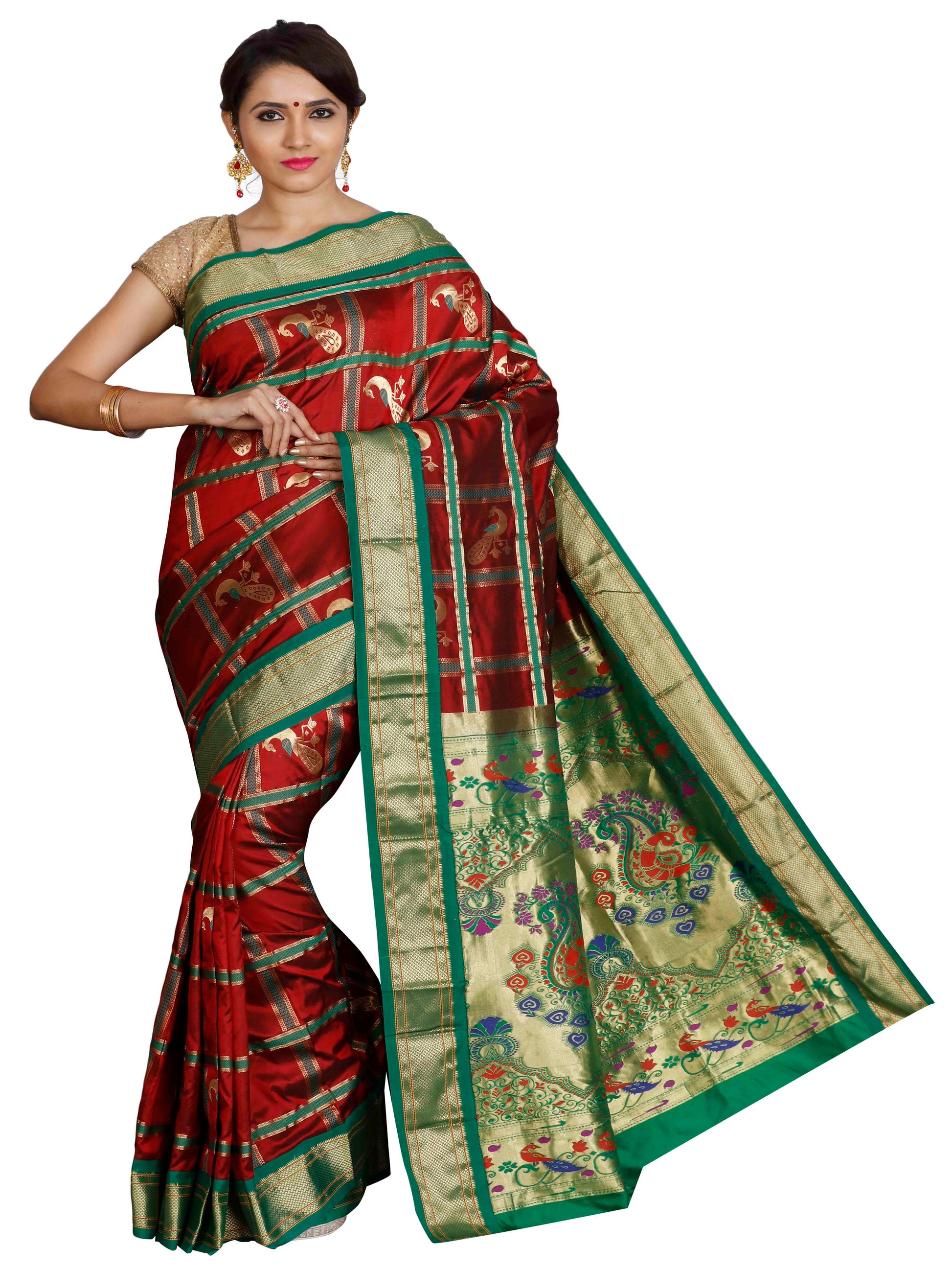 Red and green Paithani pure silk saree with golden zari and motifs