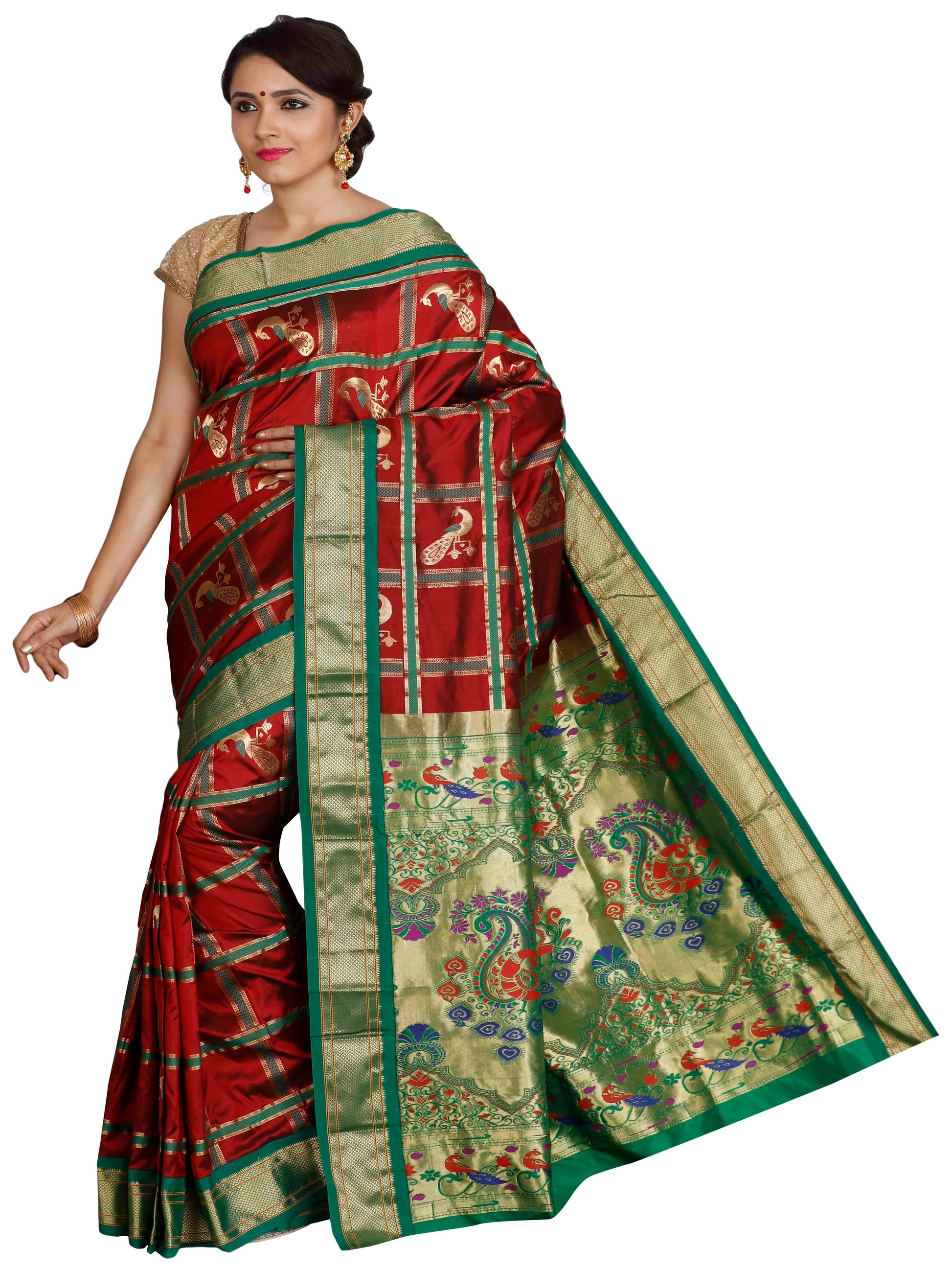 Red and green Paithani pure silk saree with golden zari and motifs