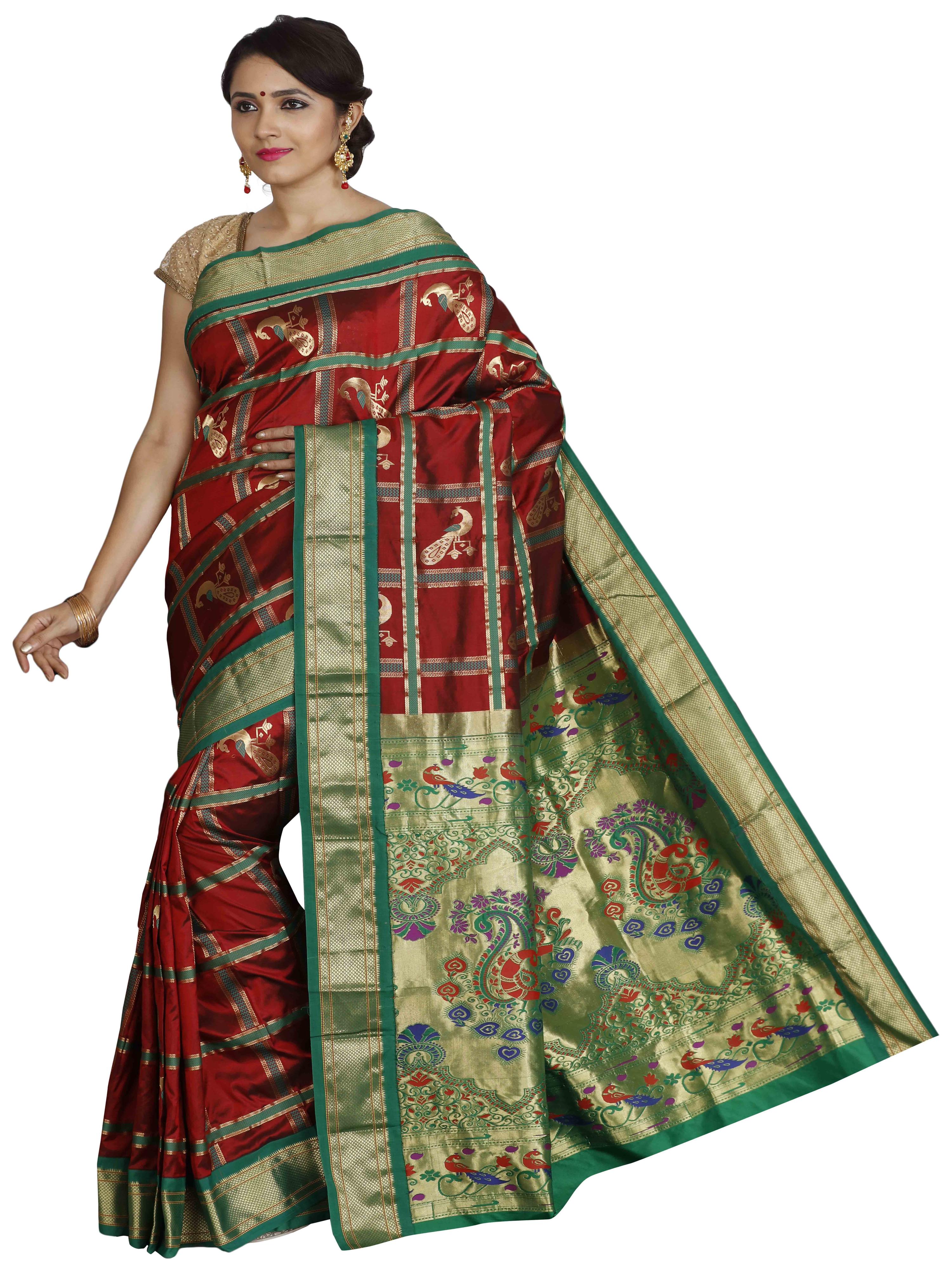 Red and green Paithani pure silk saree with golden zari and motifs