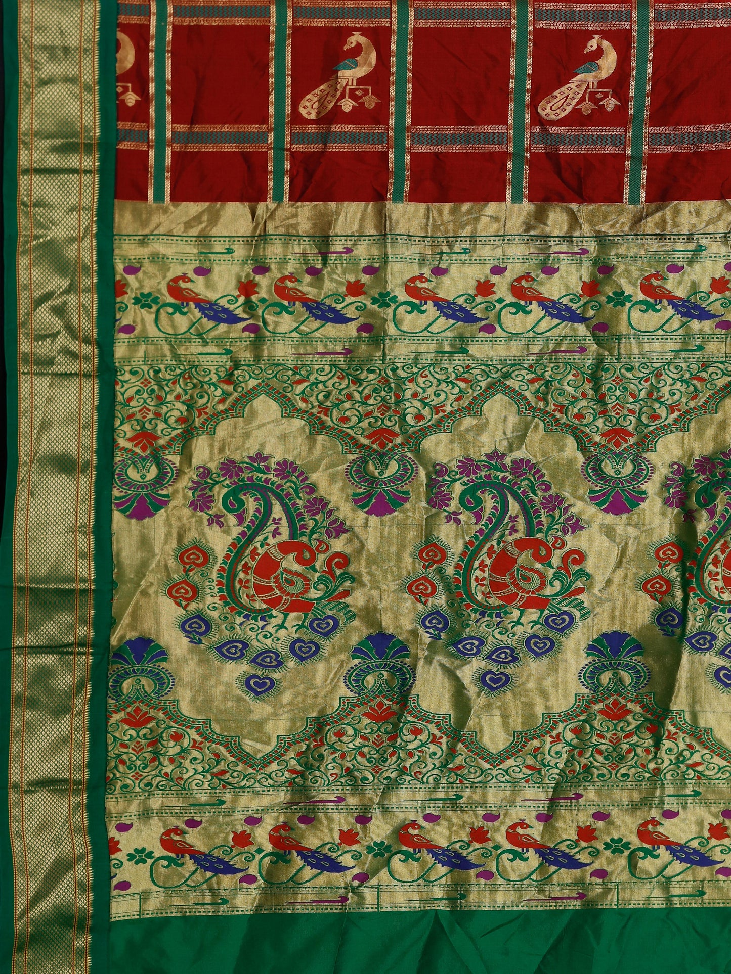Red and green Paithani pure silk saree with golden zari and motifs