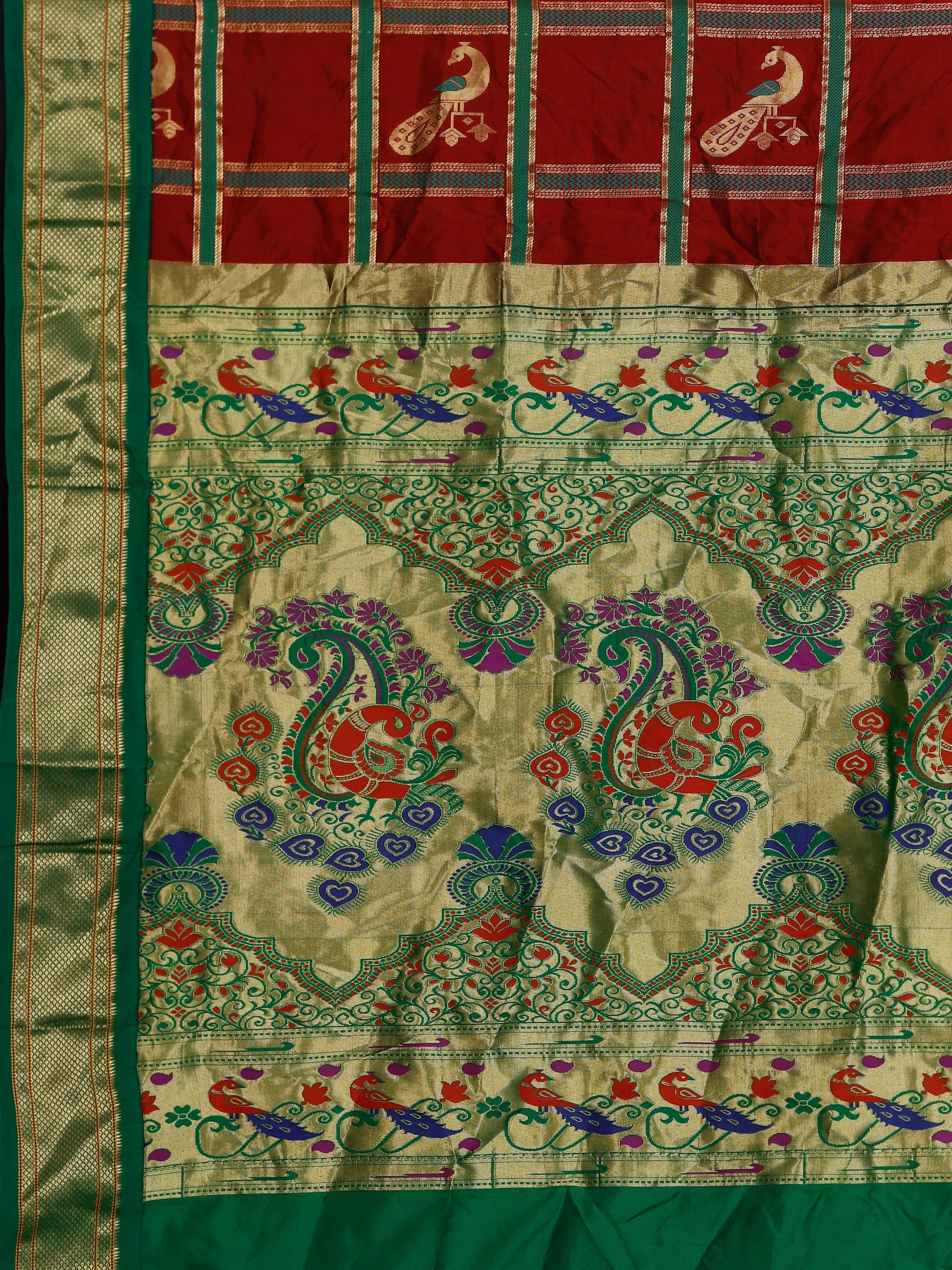 Red and green Paithani pure silk saree with golden zari and motifs