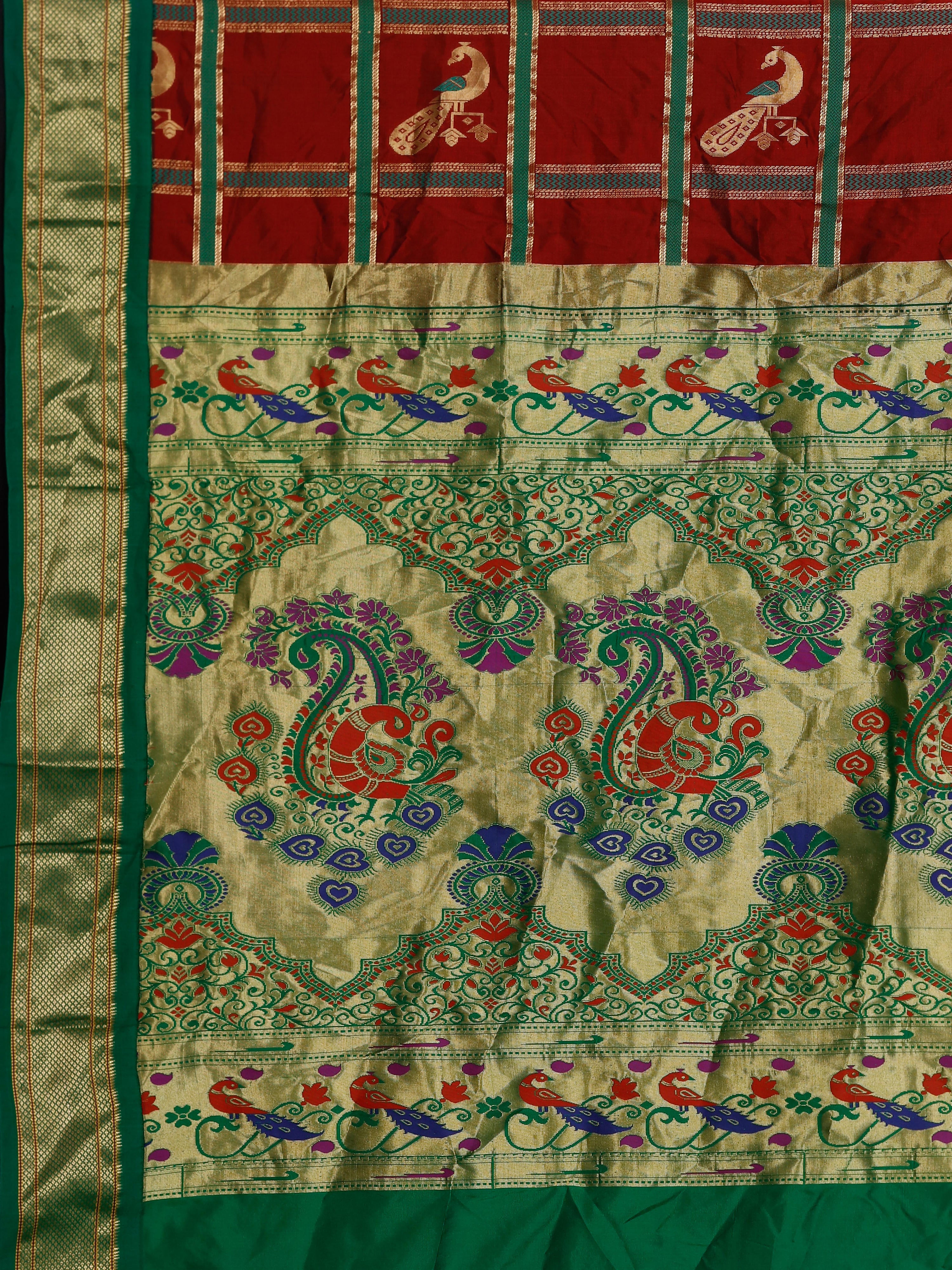 Red and green Paithani pure silk saree with golden zari and motifs