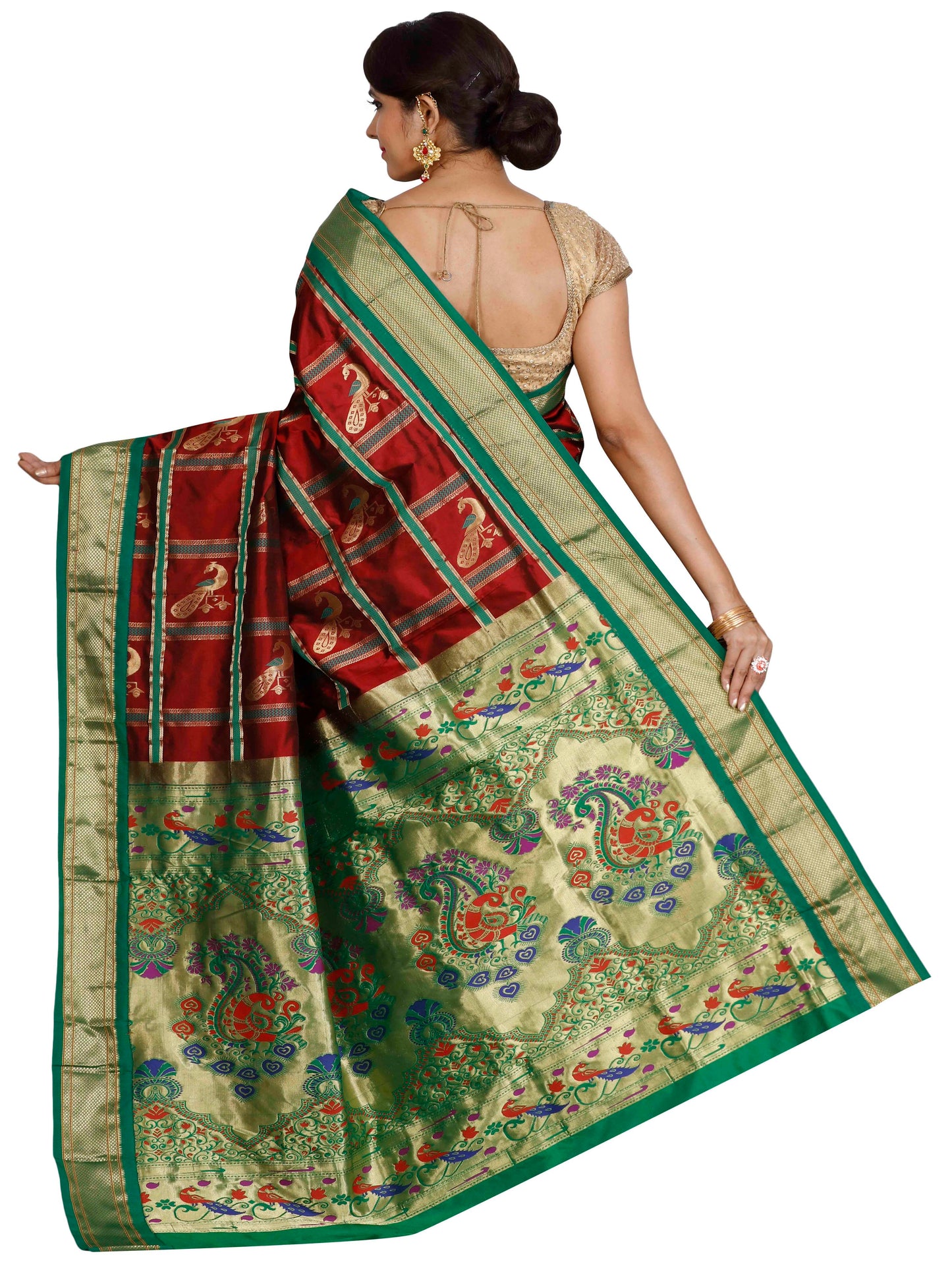 Red and green Paithani pure silk saree with golden zari and motifs