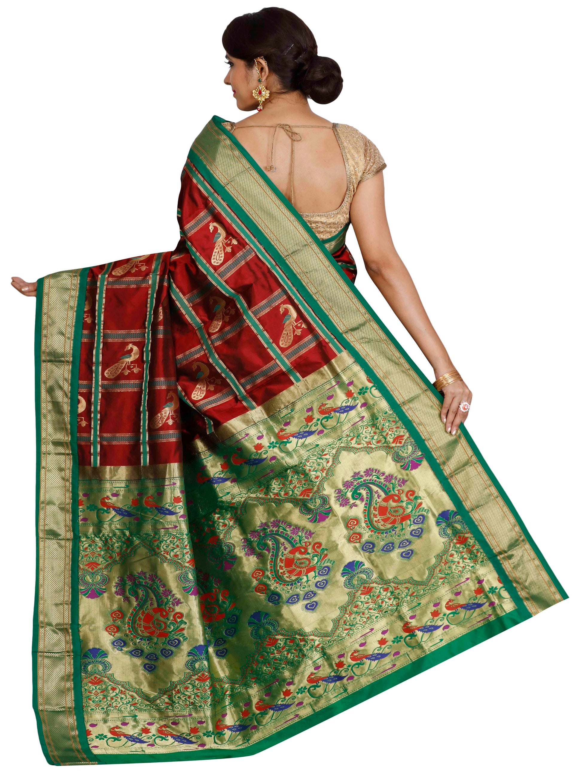 Red and green Paithani pure silk saree with golden zari and motifs
